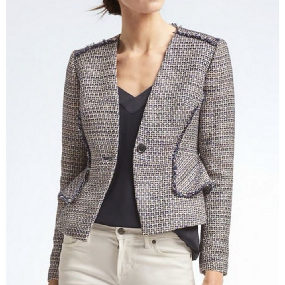 Banana‎ Republic Tweed Boucle Blazer Jacket Peplum Fringe Cropped Career Size 4
